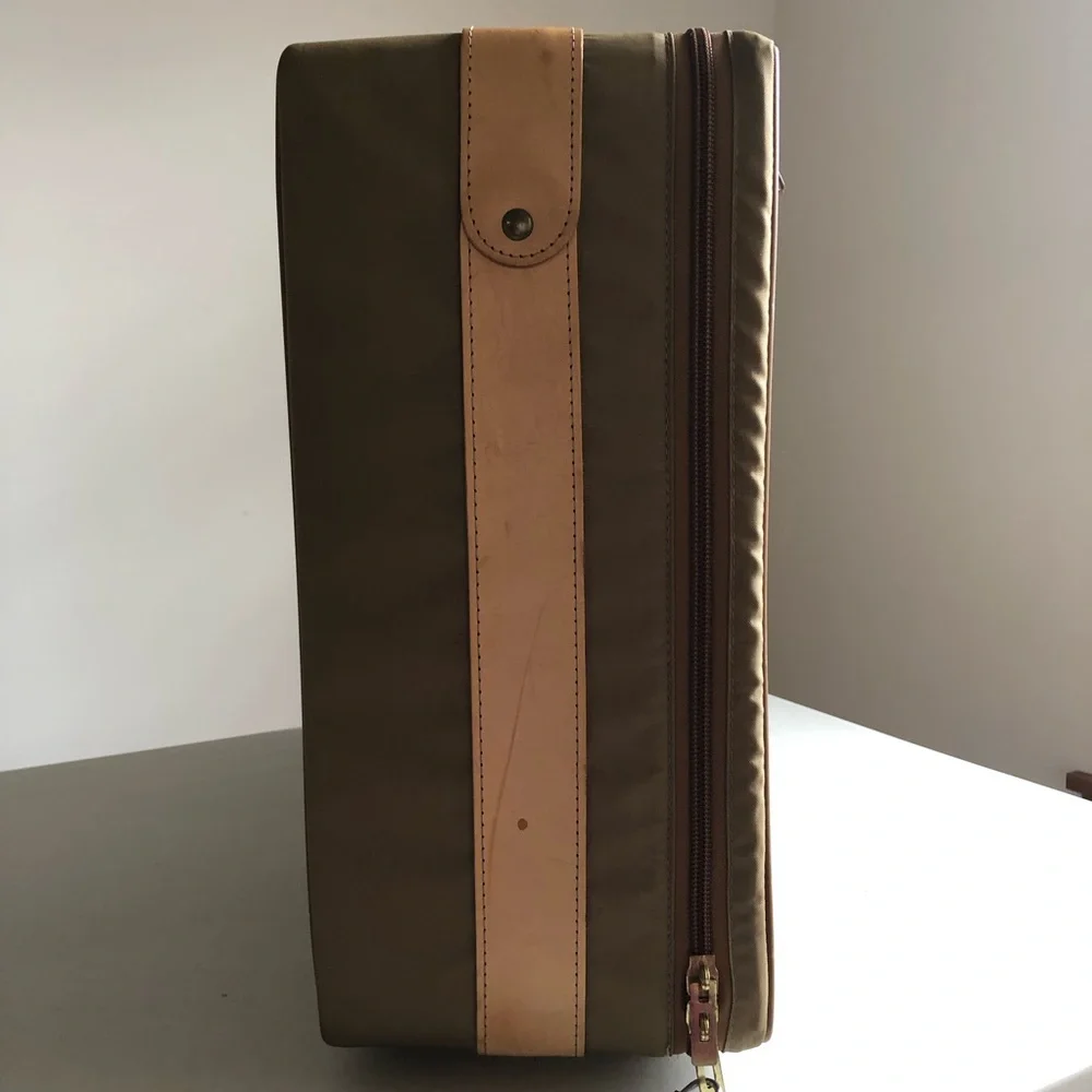 Vintage Hartmann Nylon Suitcase w/Outside Pocket In Olive w/Tan Leather Trim